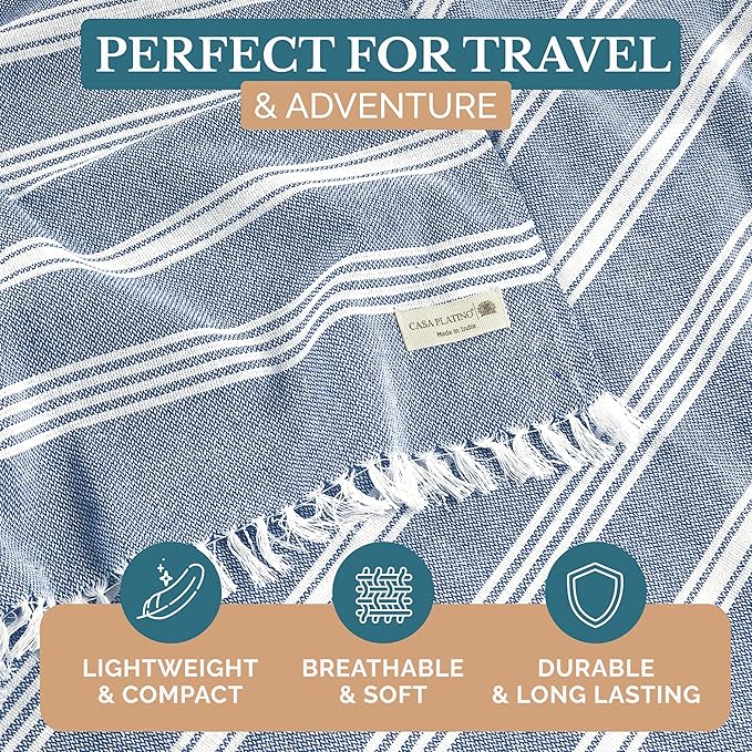Casa Platino Lightweight Beach Towels, 39"x71" Oversized and Soft Turkish Pool Towel, Quick Dry and Pre-Washed Design for Outdoor Travel, Vacations, Road Trips, or Everyday Use – Sky Blue