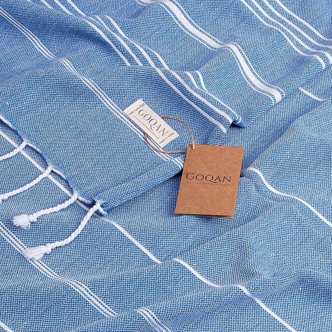 GOQAN Turkish Beach Towel Oversized 39x71 | Thin, Lightweight, 100% Cotton and Sand Free Towel is Suitable for Beach, Bathroom, Pool, Travel, Swim, Gift - Azure