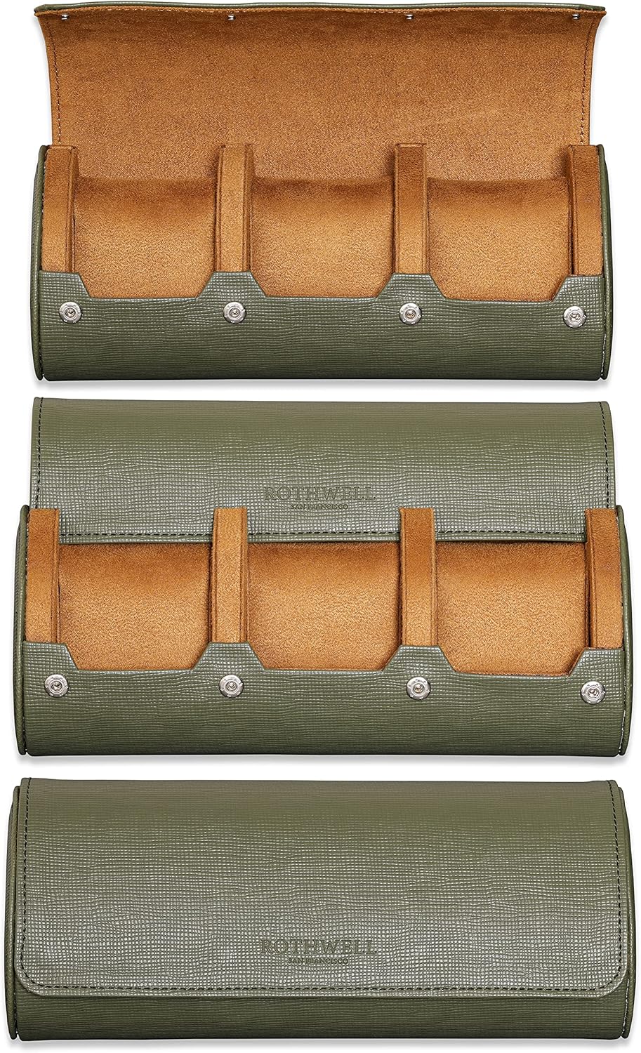 ROTHWELL Watch Roll Travel Case for 3 Watches | Tough Portable Protection, Fits All Wrist Watch & Smart Watches Up to 50mm (Green/Tan)
