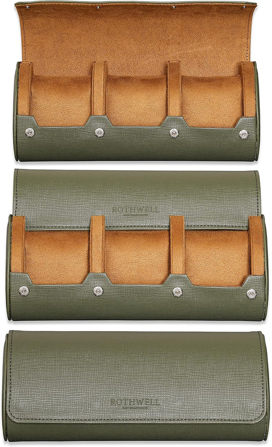 ROTHWELL Watch Roll Travel Case for 3 Watches | Tough Portable Protection, Fits All Wrist Watch & Smart Watches Up to 50mm (Green/Tan)