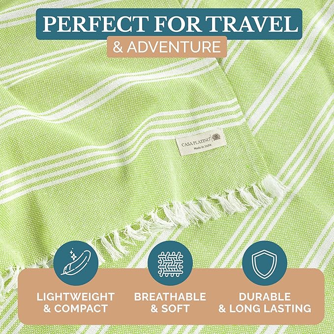 Casa Platino Turkish Style Beach Towel, 39"x71" Extra Large Pre-Washed Lightweight Pool Towel, Quick Dry and Sand Free for Everyday Use at The Beach or While Traveling Comfortably— Jade Lime