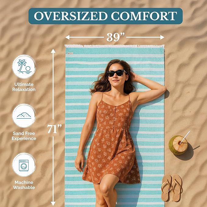Casa Platino Sand Free Beach Towel, Oversized Pool Towels with Pre-Washed Quick Dry Fabric, Lightweight Design for Travel or Beach, Ideal for Lounging Comfortably Outdoors – 39"x71", Aqua