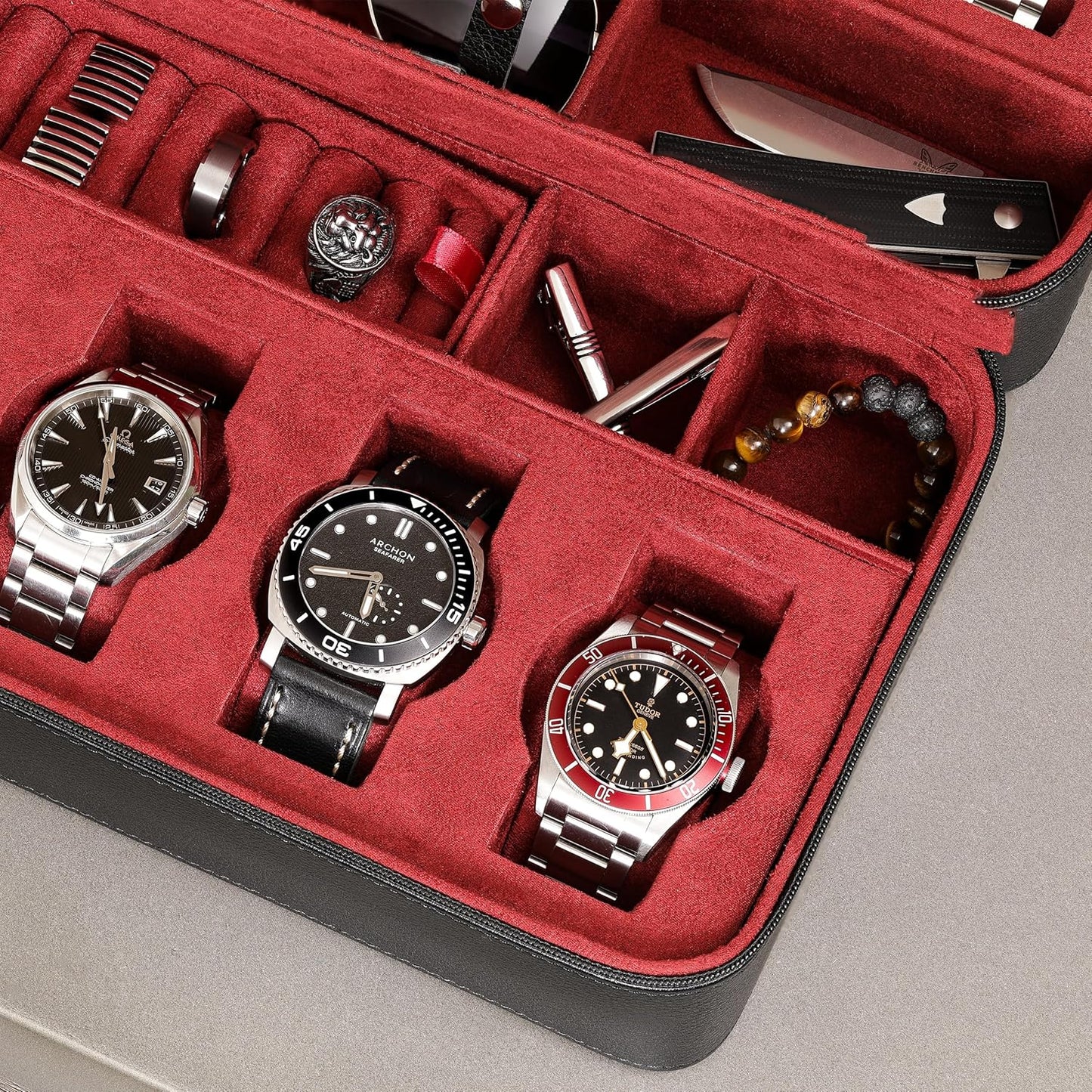 ROTHWELL 8 Watch Travel Case Storage Organizer for 8 Watches, Sunglasses, Rings & Cufflinks |Tough Portable Protection with Zipper Fits Most Wristwatches & Smart Watches Up to 50mm (Black/Red)