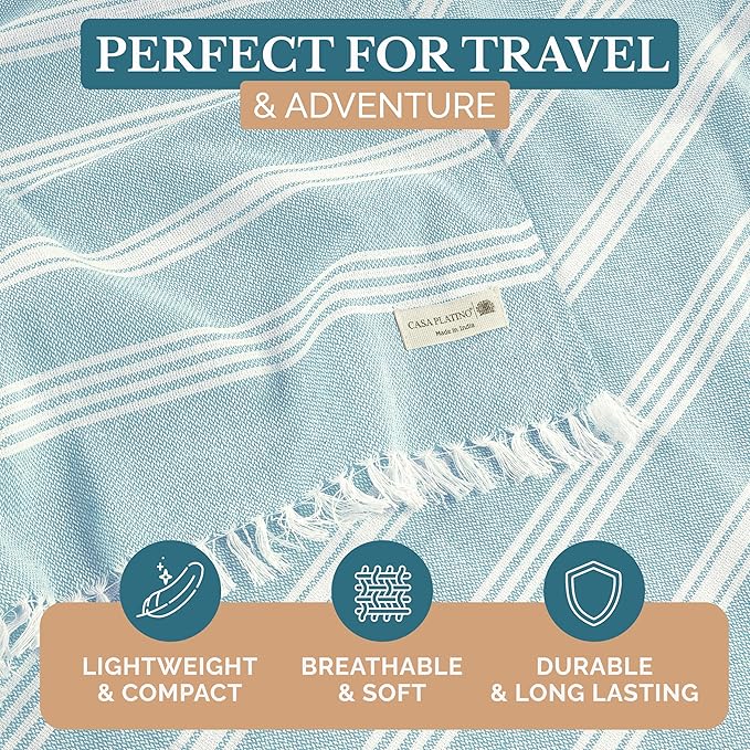 Casa Platino Pre-Washed Large Beach Towels, 39"x71" Lightweight and Soft Oversized Towel, Quick Dry Sand Free Fabric for Outdoor Use, Great for Lounging, Sunbathing, or Drying Off – Ice Blue