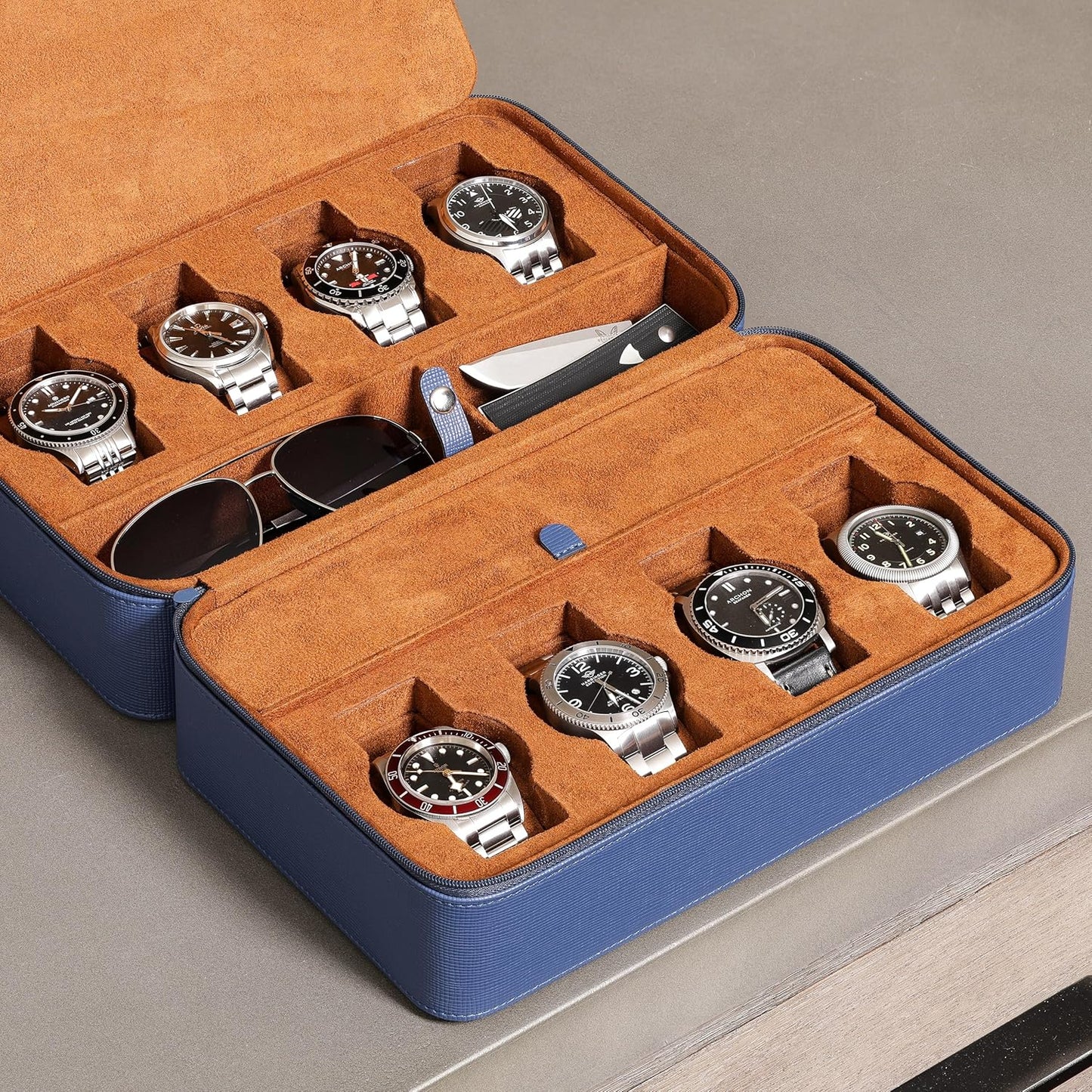 ROTHWELL 8 Watch Travel Case Storage Organizer for 8 Watches, Sunglasses, Rings & Cufflinks |Tough Portable Protection with Zipper Fits Most Wristwatches & Smart Watches Up to 50mm (Blue/Tan)