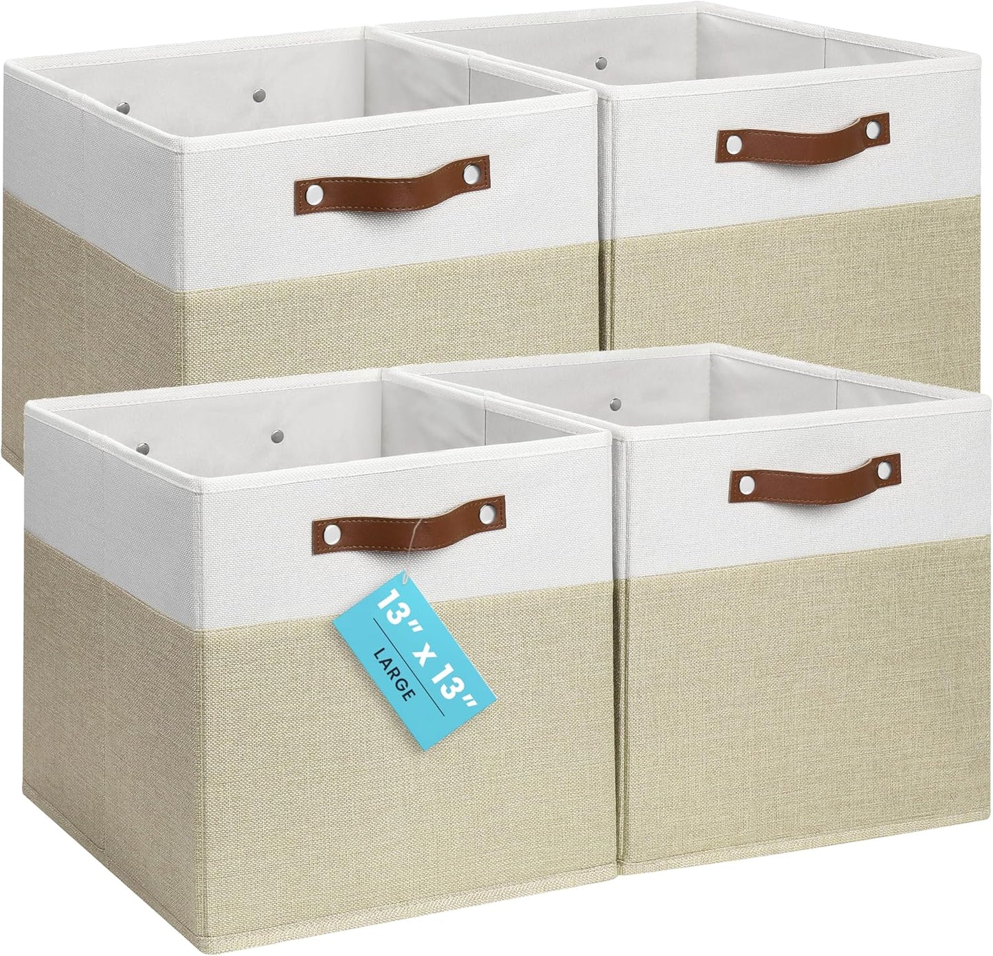 OrganiHaus 13x13 Cube Fabric Storage Bins Set of 4, Fabric Storage Cubes w/ Vegan Handles, 13 inch Collapsible Bins for Clothes & Toy Organizer, Cubbies Organizer, 13x13 Basket for Decor - Beige/White