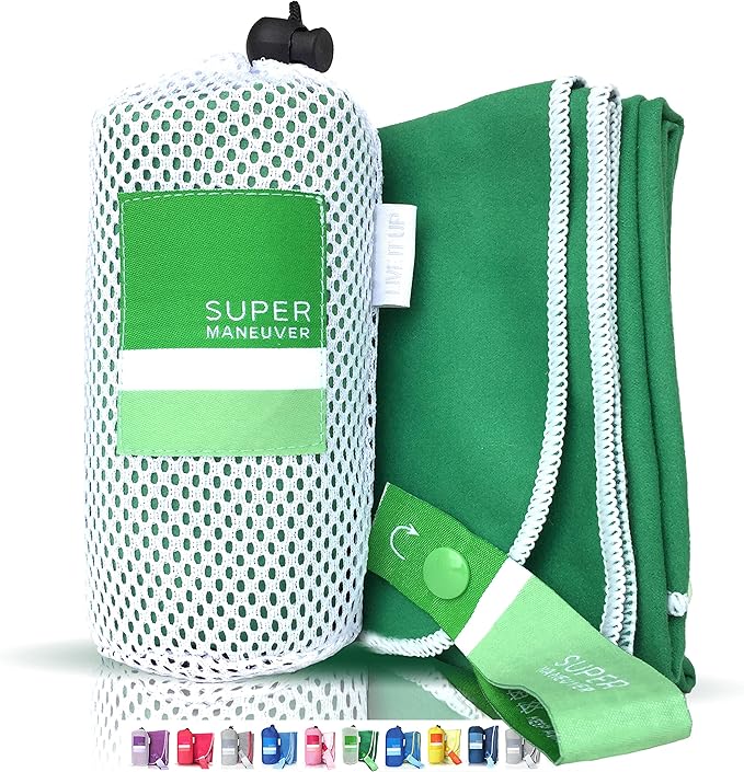 Sports, Travel & Beach Towel - Lightweight, Compact, Absorbent, Quick-Dry, Soft Microfiber Suede - For Camping, Hiking, Gym, Beach, Yoga, CrossFit, Swimming, and Adventures (Green+White, M (40x20"))