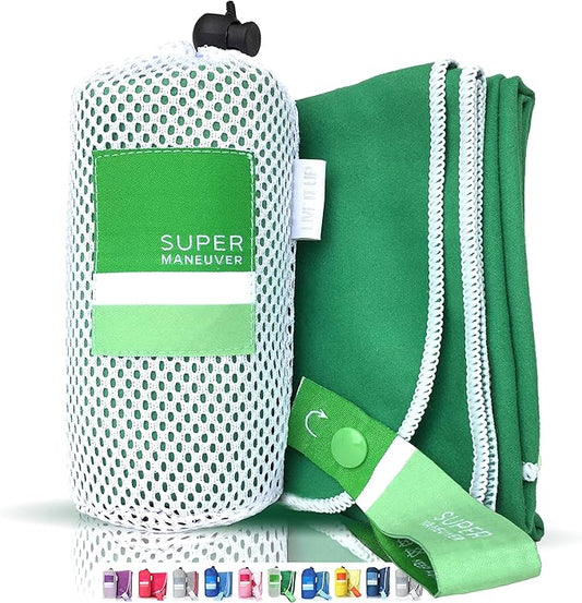 Sports, Travel & Beach Towel - Lightweight, Compact, Absorbent, Quick-Dry, Soft Microfiber Suede - For Camping, Hiking, Gym, Beach, Yoga, CrossFit, Swimming, and Adventures (Green+White, M (40x20"))