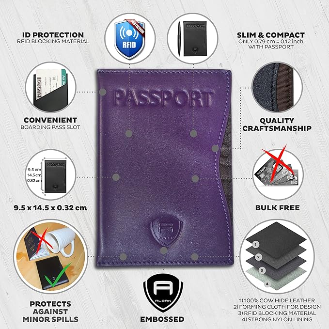 Alban RFID Passport Holder Women Men RFID Blocking Travel Passport Wallet Case Genuine Leather Passport Cover porta pasaporte