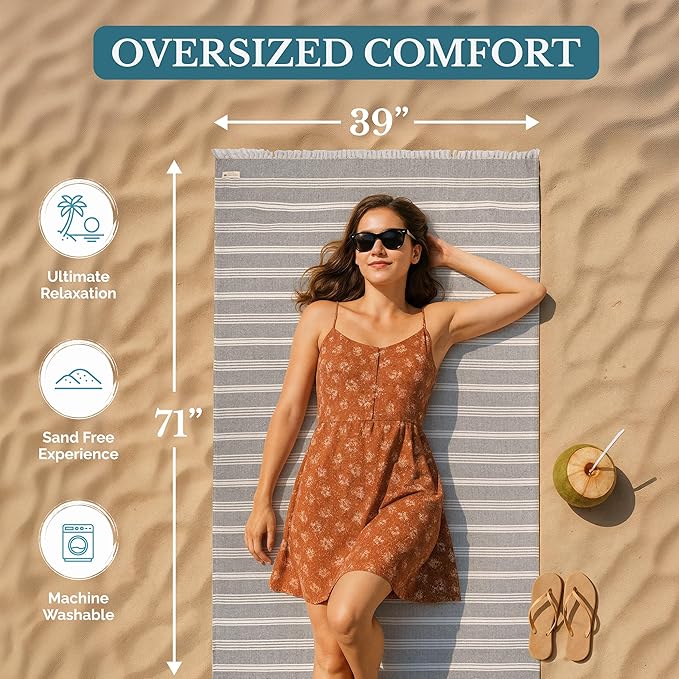 Casa Platino Quick Dry Beach Towels, Oversized Pool Towel for Travel, Pre-Washed Lightweight Design, Sand Free and Soft for Relaxing Days at The Pool, Beach, or Outdoor Adventures – 39"x71" Grey