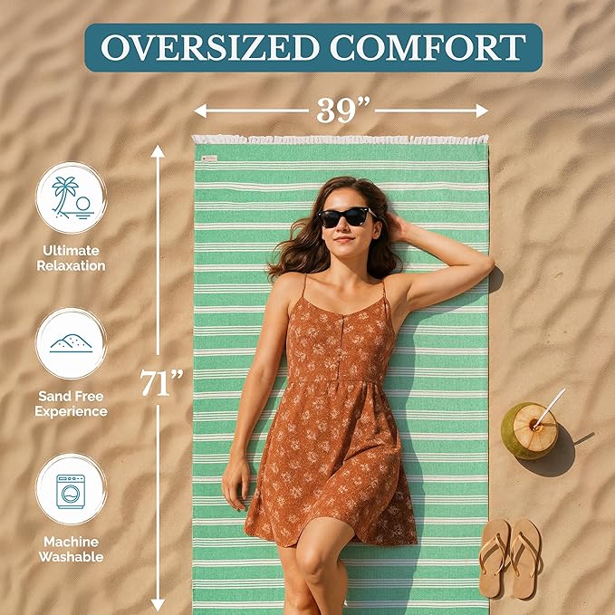 Casa Platino 39"x71" Oversized Beach Towel, Lightweight and Sandless with Quick Dry Fabric, Pre-Washed for Softness and Versatility, Great for Travel, Outdoor Activities, or Vacation Use – Jade Green