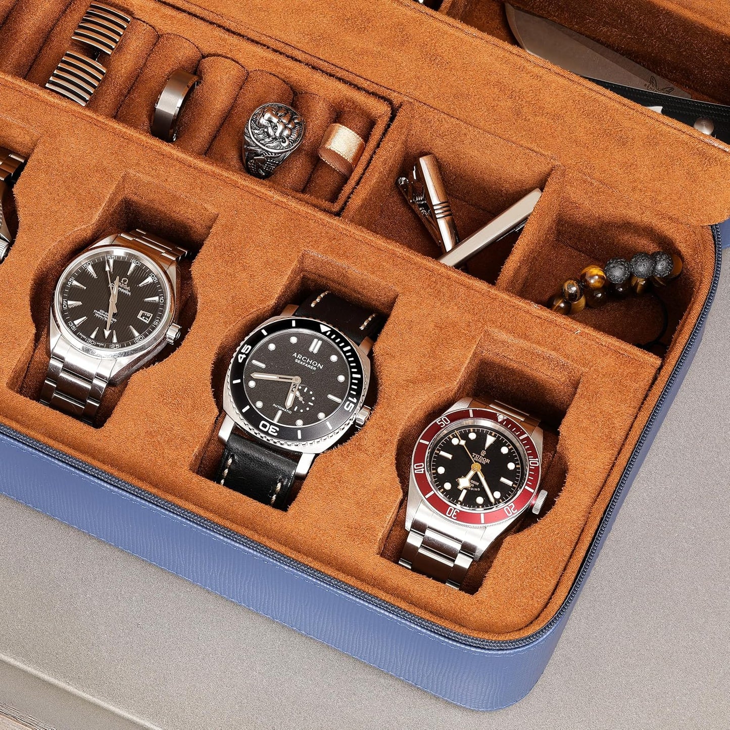 ROTHWELL 8 Watch Travel Case Storage Organizer for 8 Watches, Sunglasses, Rings & Cufflinks |Tough Portable Protection with Zipper Fits Most Wristwatches & Smart Watches Up to 50mm (Blue/Tan)