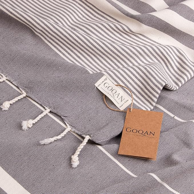GOQAN Turkish Beach Towel Oversized 39x71 | Thin, Lightweight, 100% Cotton and Sand Free Towel is Suitable for Beach, Bathroom, Pool, Travel & Swim - Dark Grey