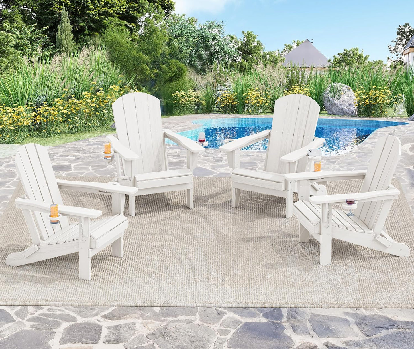 SERWALL Adirondack Chair with Cup Holders - Composite Adirondack Chairs Set of 8 HDPE Outdoor Chairs All Weather Use- White