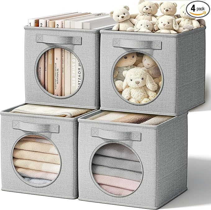 Vailando Ultra Thick Fabric Foldable Storage Bins with Round Window - 11 Inch Cube Storage Organizer for Clothes, Shelves, Offices, Toys & Misc, Light Gray, 4 Pack