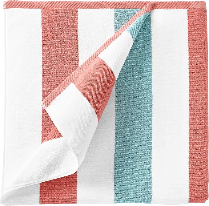 Laguna Beach Textile Co. Striped Cabana Beach Towel - Oversized, Plush 630 GSM Cotton - Coral Orange & Sea Glass Green