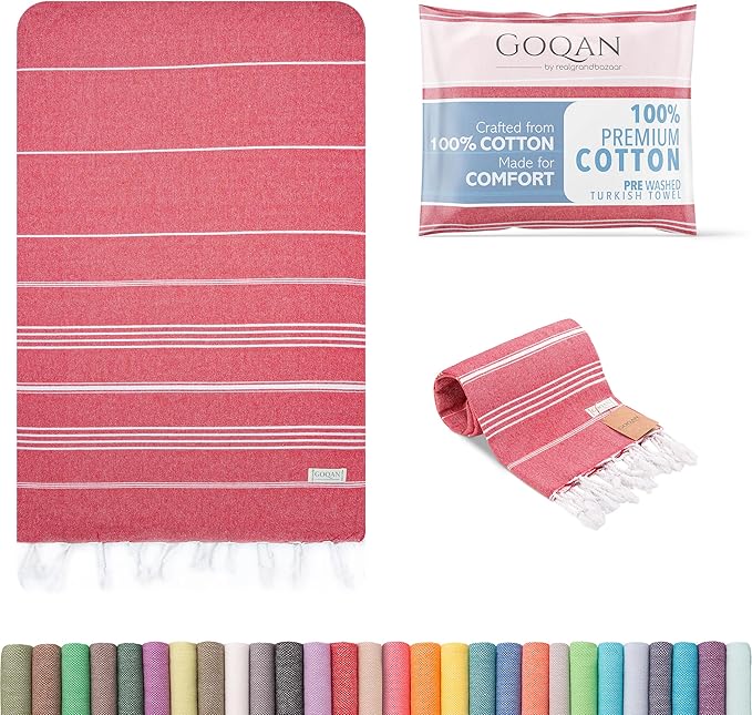 GOQAN Turkish Beach Towel Oversized 39x71 | Thin, Lightweight, 100% Cotton and Sand Free Towel is Suitable for Beach, Travel, Swim & Gift | Odor Free - Red