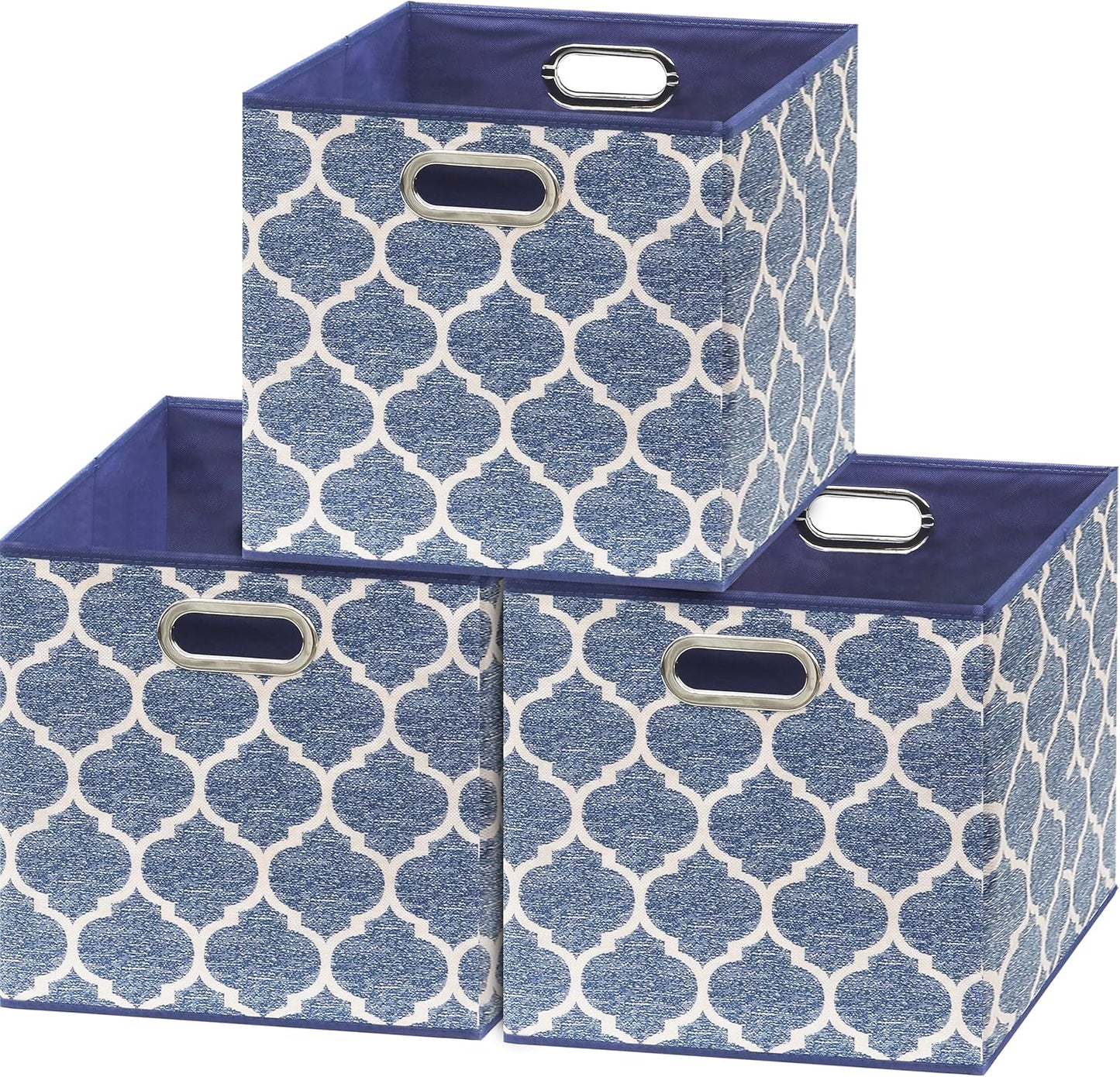 SIMPLE HOUSEWARE 13-Inch Collapsible Fabric Cube Storage Bin with Handles, Printed Design, 3 Pack, Steel Blue