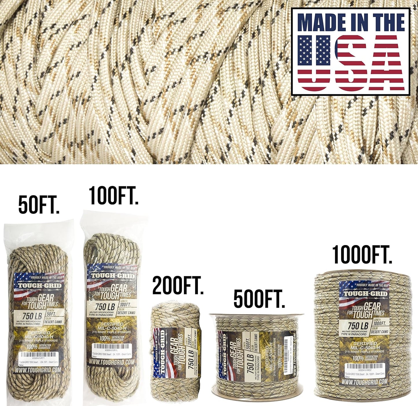 TOUGH-GRID 750 Paracord Rope Nylon Parachute Cord, Made in USA Survival Kit, Outdoor Adventures, Camping, Tactical Gear & Emergency Supplies, Military Type IV Mil-Spec