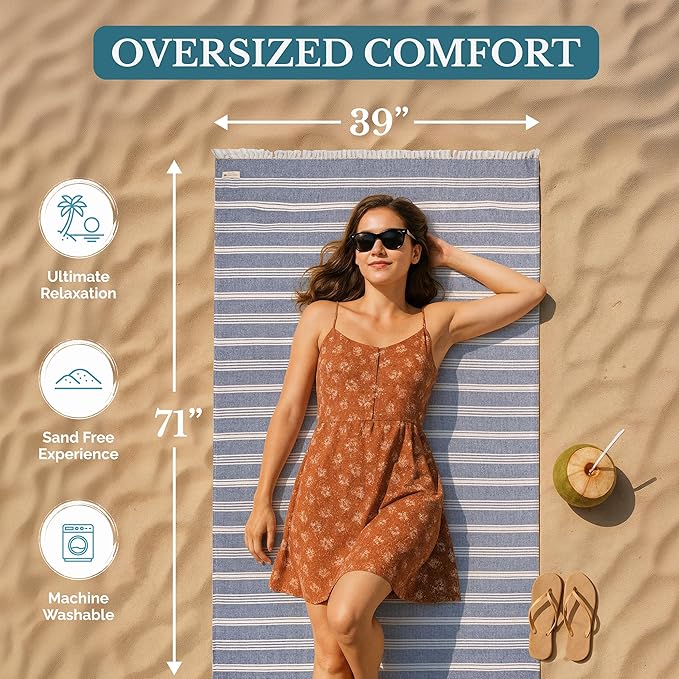 Casa Platino Large Beach Towels, Pre-Washed 39"x71" Turkish-Inspired Pool Towel, Quick Dry Sand Proof Design with Absorbent Comfort, Ideal for Leisure, Beach Days, or Travel Relaxation – Denim
