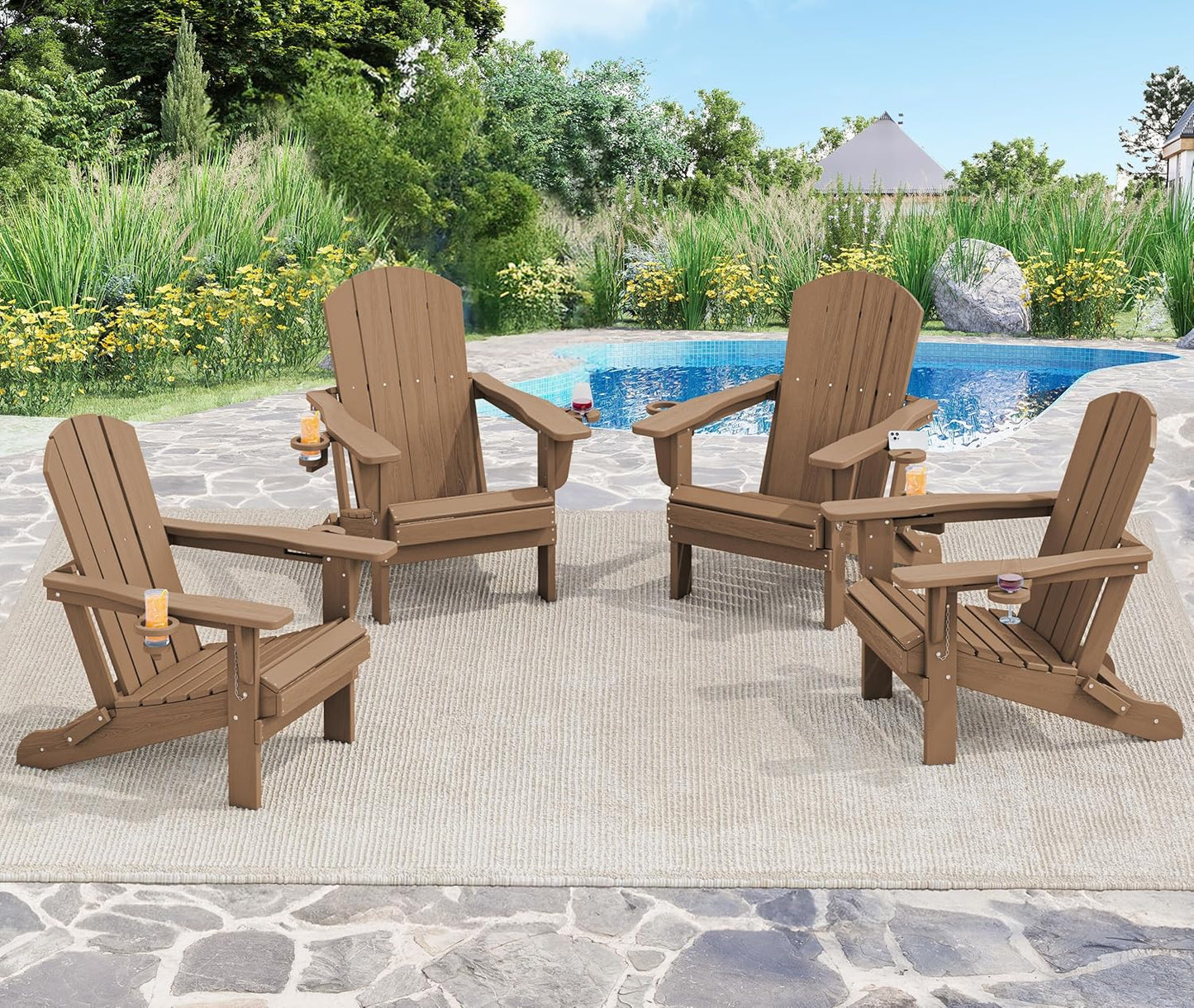 SERWALL Adirondack Chair with Cup Holders - Composite Adirondack Chairs Set of 6 HDPE Outdoor Chairs All Weather Use- Brown