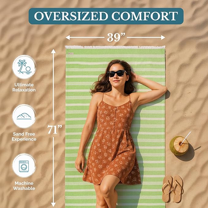 Casa Platino Turkish Style Beach Towel, 39"x71" Extra Large Pre-Washed Lightweight Pool Towel, Quick Dry and Sand Free for Everyday Use at The Beach or While Traveling Comfortably— Jade Lime