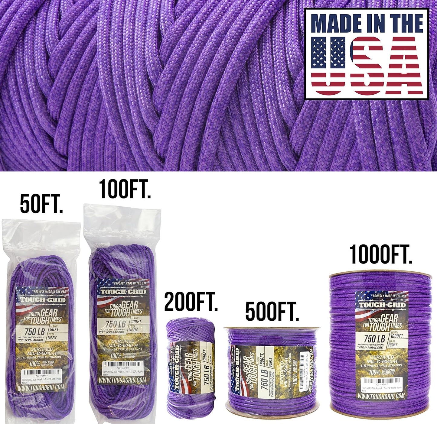 TOUGH-GRID 750 Paracord Rope Nylon Parachute Cord, Made in USA Survival Kit, Outdoor Adventures, Camping, Tactical Gear & Emergency Supplies, Military Type IV Mil-Spec