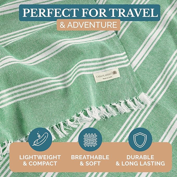 Casa Platino 39"x71" Oversized Beach Towel, Lightweight and Sandless with Quick Dry Fabric, Pre-Washed for Softness and Versatility, Great for Travel, Outdoor Activities, or Vacation Use – Jade Green