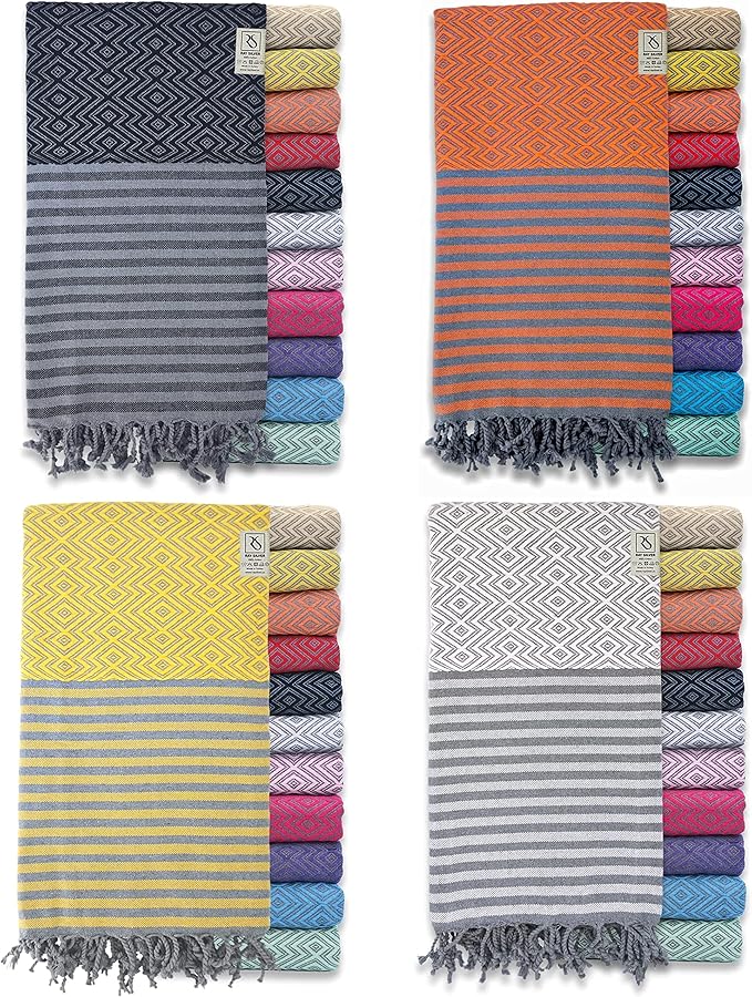 RAY SILVER Turkish Beach Towel – 100% Cotton 40x71 Quick Dry Oversized Sand Free Lightweight Blanket for Travel Camping Bath Sauna Pool Gym Yoga (4pc- Black Orange Yellow White)