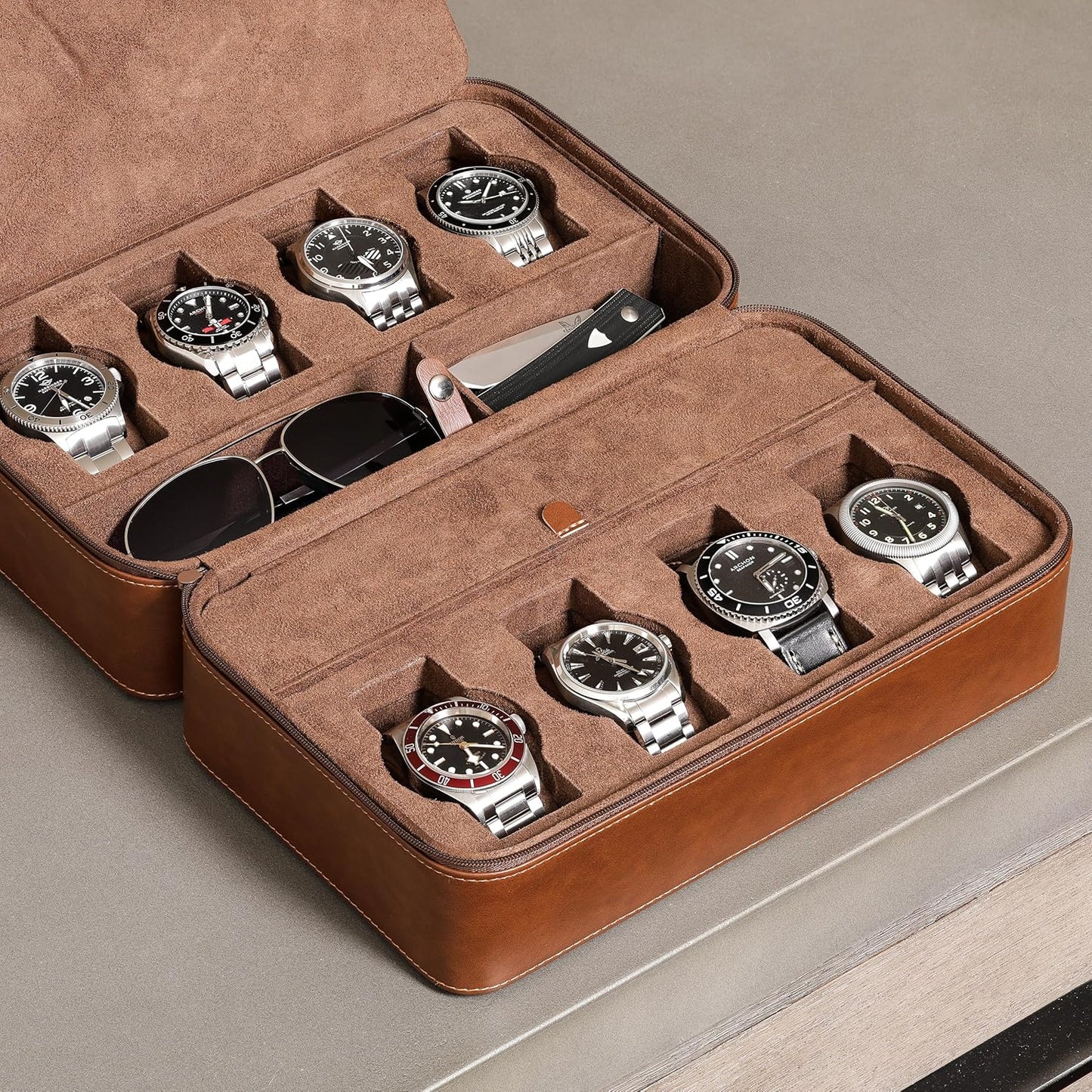 ROTHWELL 8 Watch Travel Case Storage Organizer for 8 Watches, Sunglasses, Rings & Cufflinks |Tough Portable Protection with Zipper Fits Most Wristwatches & Smart Watches Up to 50mm (Tan/Brown)