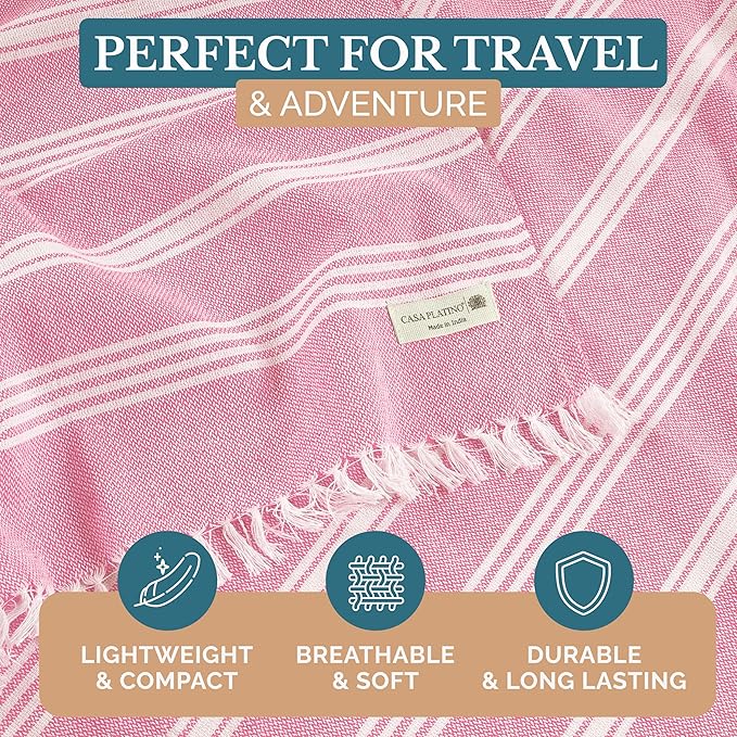 Casa Platino Turkish Beach Towels for Women, Pre-Washed 39"x71" Oversized Pool Towel, Lightweight and Sandproof with Quick-Dry, Travel, Beach Relaxation, or Poolside Lounging – Candy Pink