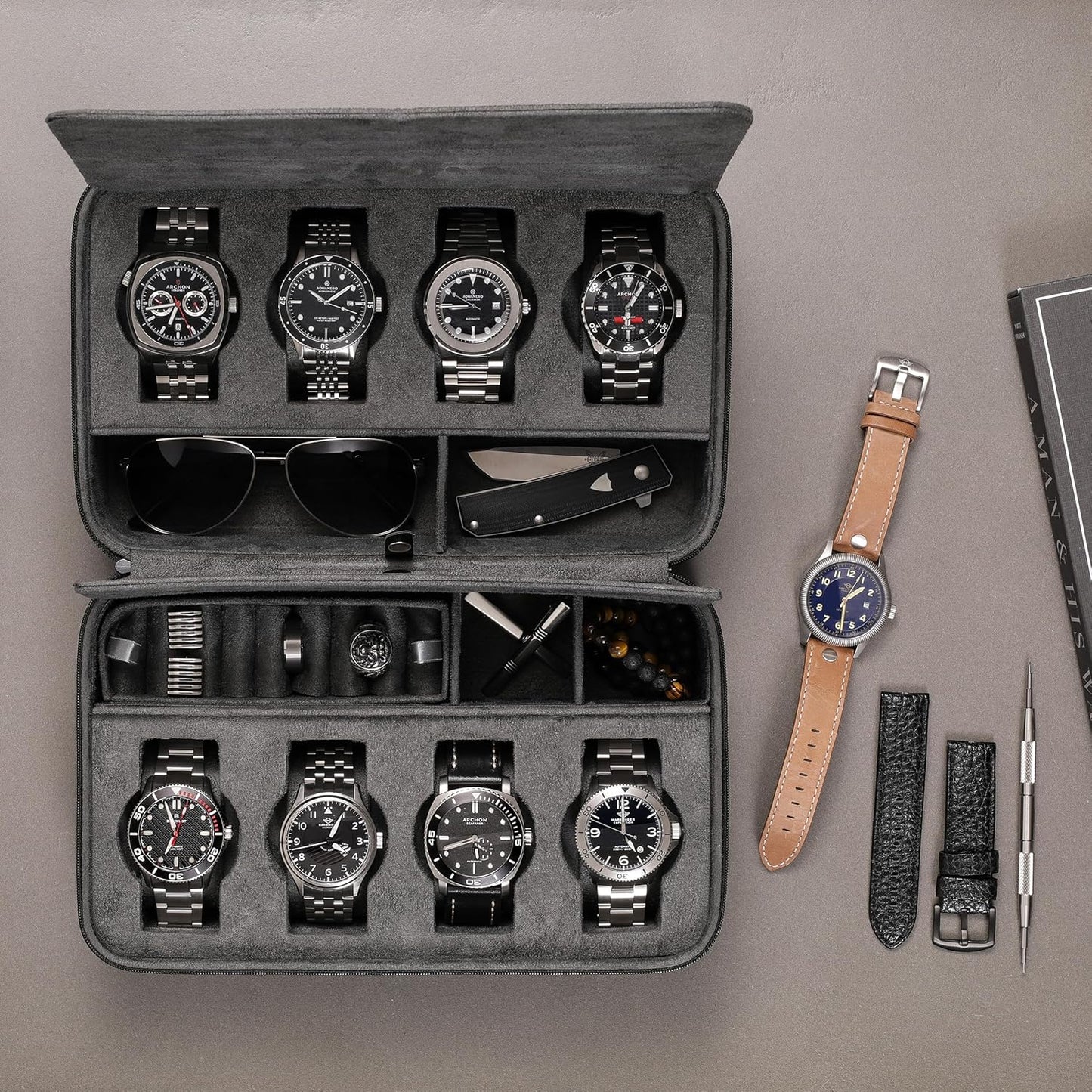 ROTHWELL 8 Watch Travel Case Storage Organizer for 8 Watches, Sunglasses, Rings & Cufflinks |Tough Portable Protection with Zipper Fits Most Wristwatches & Smart Watches Up to 50mm (Black/Grey)