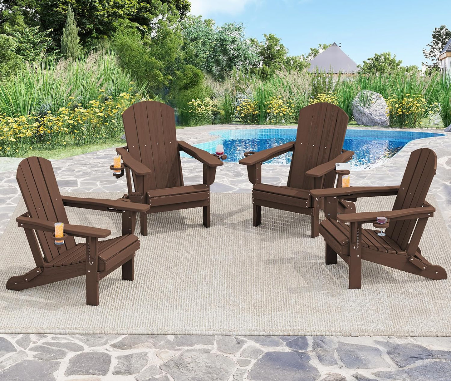 SERWALL Adirondack Chair with Cup Holders - Composite Adirondack Chairs HDPE Outdoor Chairs All Weather Use- Coffee