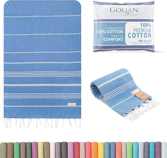 GOQAN Turkish Beach Towel Oversized 39x71 | Thin, Lightweight, 100% Cotton and Sand Free Towel is Suitable for Beach, Bathroom, Pool, Travel, Swim, Gift - Azure