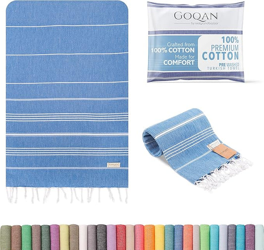 GOQAN Turkish Beach Towel Oversized 39x71 | Thin, Lightweight, 100% Cotton and Sand Free Towel is Suitable for Beach, Bathroom, Pool, Travel, Swim, Gift - Azure