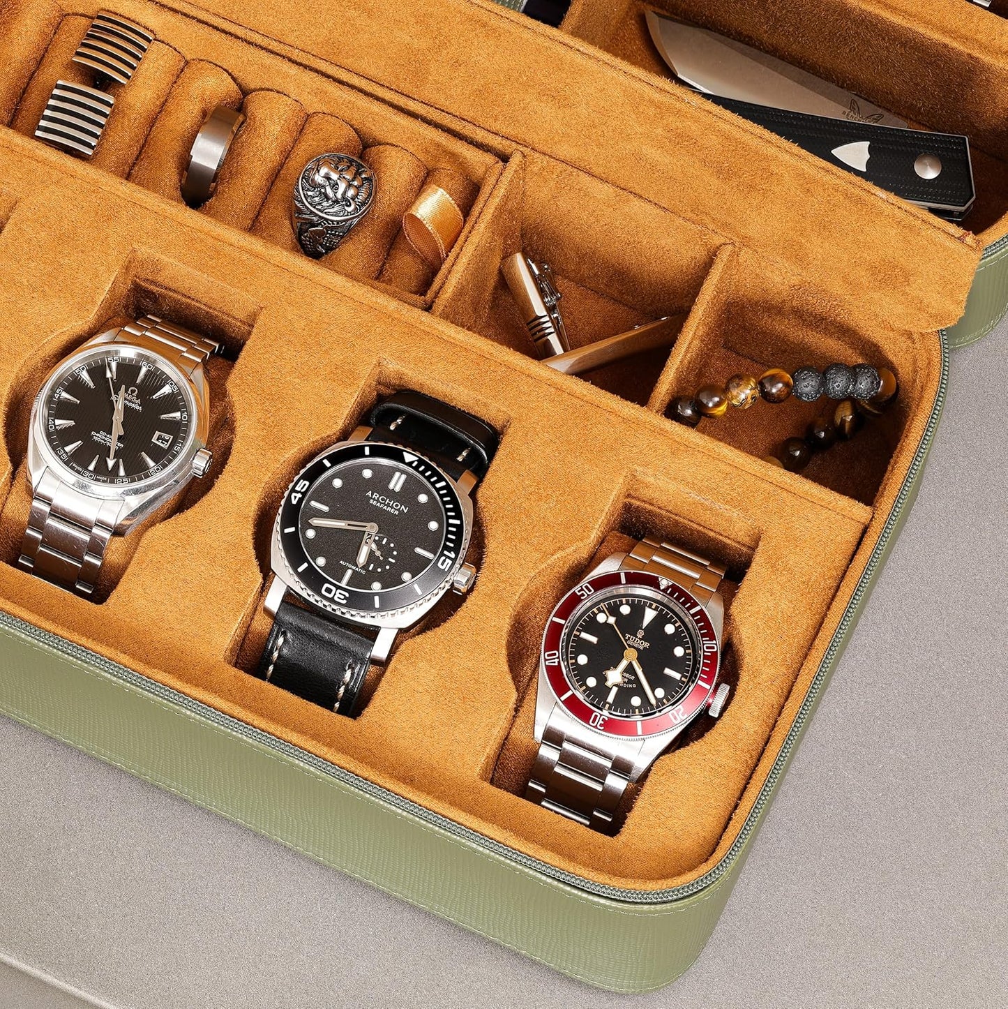 ROTHWELL 8 Watch Travel Case Storage Organizer for 8 Watches, Sunglasses, Rings & Cufflinks |Tough Portable Protection with Zipper Fits Most Wristwatches & Smart Watches Up to 50mm (Green/Tan)