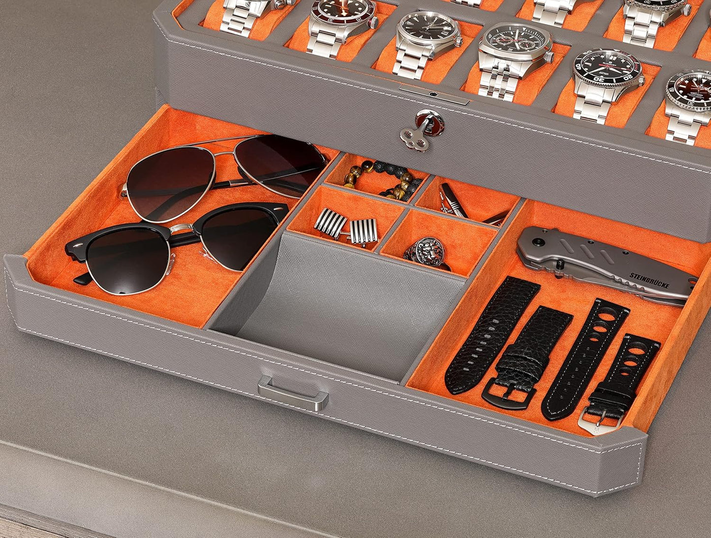 ROTHWELL 12 Slot Leather Watch Box with Valet Drawer - 12 Slot Luxury Watch Case Display Organizer, Microsuede Liner, Mens Accessories Holder, Jewelry Case, Jewelry Display Organizer (Grey/Orange)