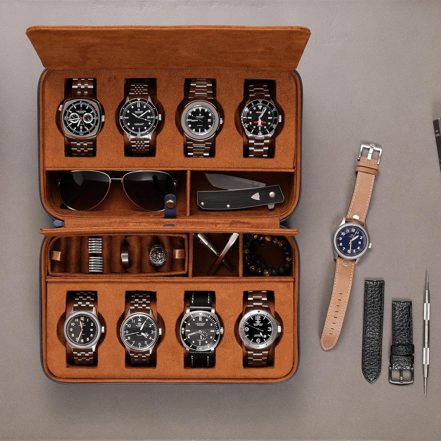ROTHWELL 8 Watch Travel Case Storage Organizer for 8 Watches, Sunglasses, Rings & Cufflinks |Tough Portable Protection with Zipper Fits Most Wristwatches & Smart Watches Up to 50mm (Blue/Tan)