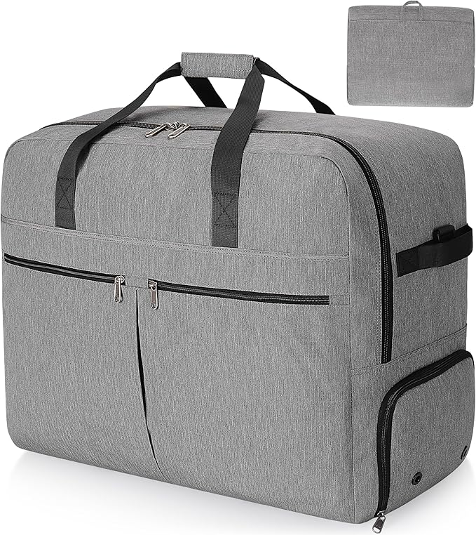 80L Foldable Large Travel Duffle Bag for Men and Women, Packable Duffel Bags with Shoe Compartment, Water Repellent & Tear Resistant (Gray)