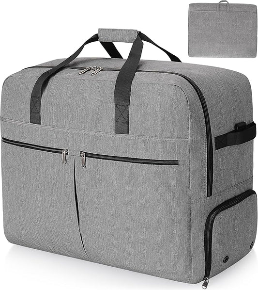 80L Foldable Large Travel Duffle Bag for Men and Women, Packable Duffel Bags with Shoe Compartment, Water Repellent & Tear Resistant (Gray)