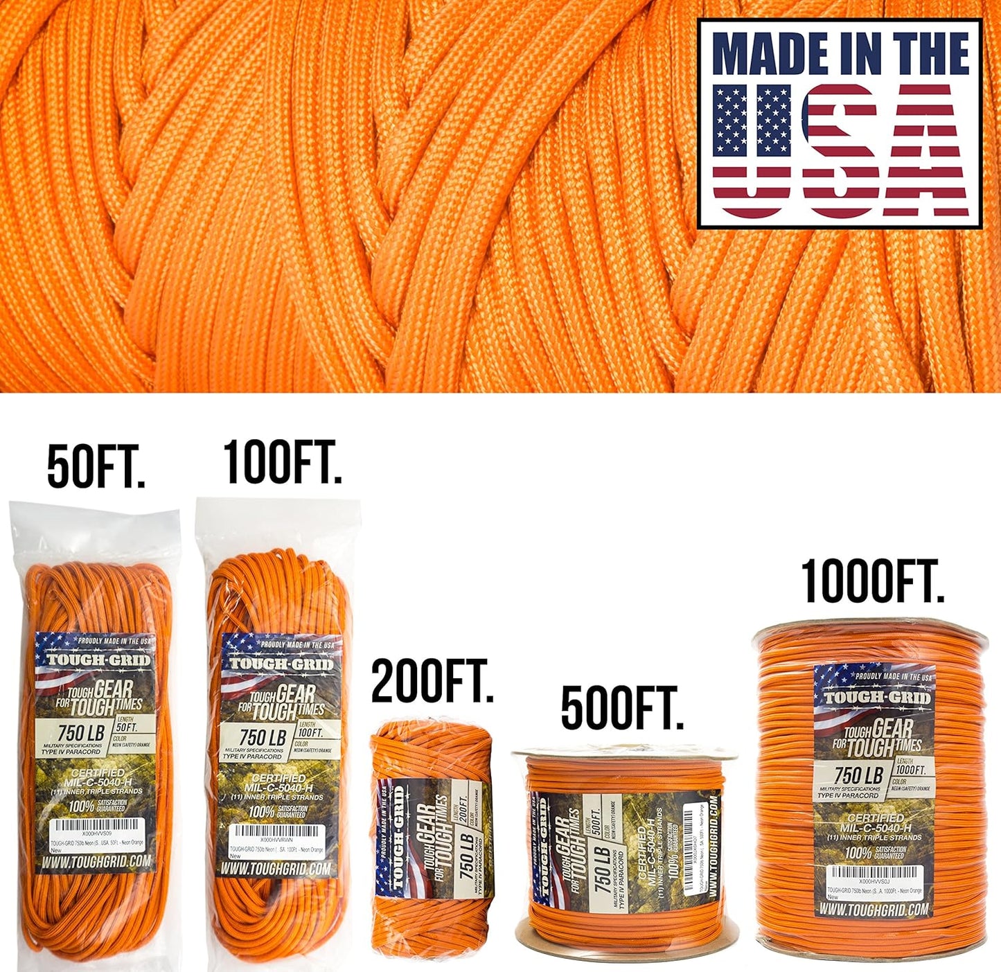 TOUGH-GRID 750 Paracord Rope Nylon Parachute Cord, Made in USA Survival Kit, Outdoor Adventures, Camping, Tactical Gear & Emergency Supplies, Military Type IV Mil-Spec