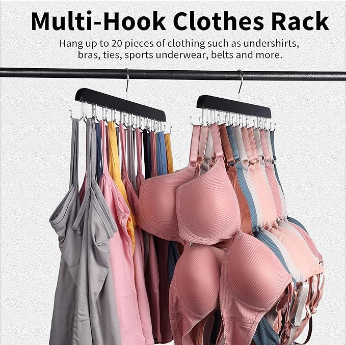 Bra Hangers for Closet Organizer,Tank Top Hanger with 20 Hooks,Space Saving Wooden Adjustable Hangers,Closet Organizers and Storage Suitable for Dorm, Apartments, Tank Tops, Bras, Hats