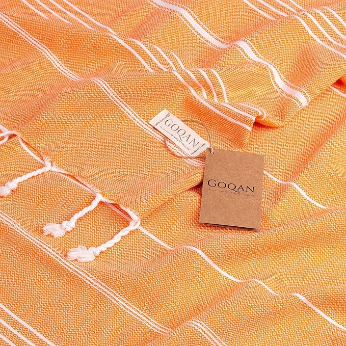 GOQAN Turkish Beach Towel Oversized 39x71 | Thin, Lightweight, 100% Cotton and Sand Free Towel is Suitable for Beach, Bathroom, Pool, Travel & Swim - Orange
