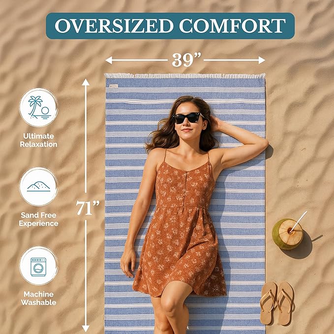 Casa Platino Lightweight Beach Towels, 39"x71" Oversized and Soft Turkish Pool Towel, Quick Dry and Pre-Washed Design for Outdoor Travel, Vacations, Road Trips, or Everyday Use – Sky Blue