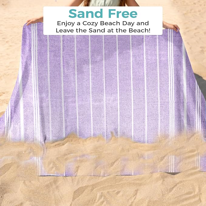 Turkish Beach Towel with Hidden Zipper Pocket 100% Cotton Oversized 72 x 37 Inches Quick Dry Sand Free Lightweight Compact for Beach, Pool, Travel, Bath, and Yoga (Light Purple)