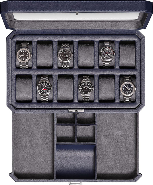 ROTHWELL 12 Slot Leather Watch Box with Valet Drawer - 12 Slot Luxury Watch Case Display Organizer, Microsuede Liner, Mens Accessories Holder, Jewelry Case, Jewelry Display Organizer (Dark Blue/Grey)