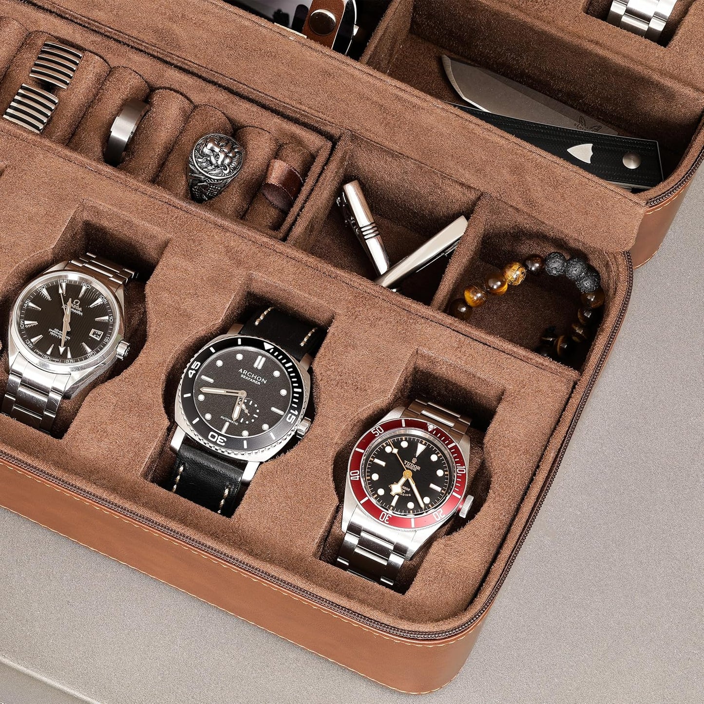 ROTHWELL 8 Watch Travel Case Storage Organizer for 8 Watches, Sunglasses, Rings & Cufflinks |Tough Portable Protection with Zipper Fits Most Wristwatches & Smart Watches Up to 50mm (Tan/Brown)