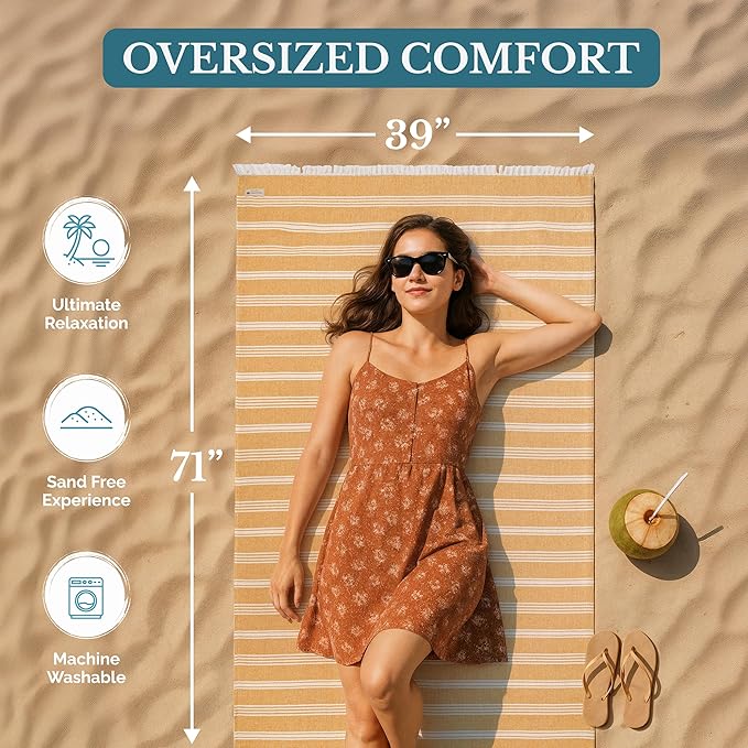 Casa Platino Oversized Beach Towel, Pre-Washed and Quick Dry Pool Towel, Lightweight and Sandless Design for All-Day Comfort, Great for Seaside Lounging or Vacation Packing – 39"x71" Mustard